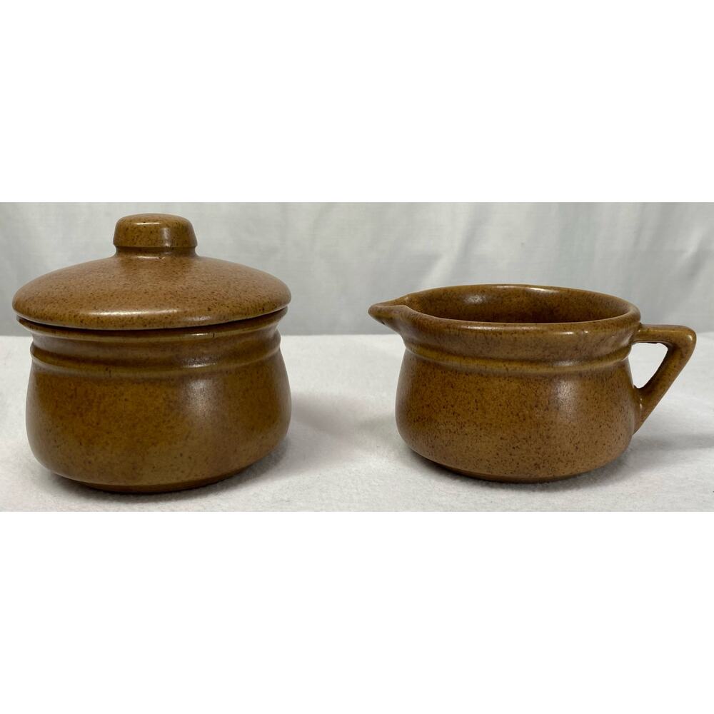 Vintage Monmouth Pottery Maple Leaf Mojave Brown Sugar Bowl & Creamer